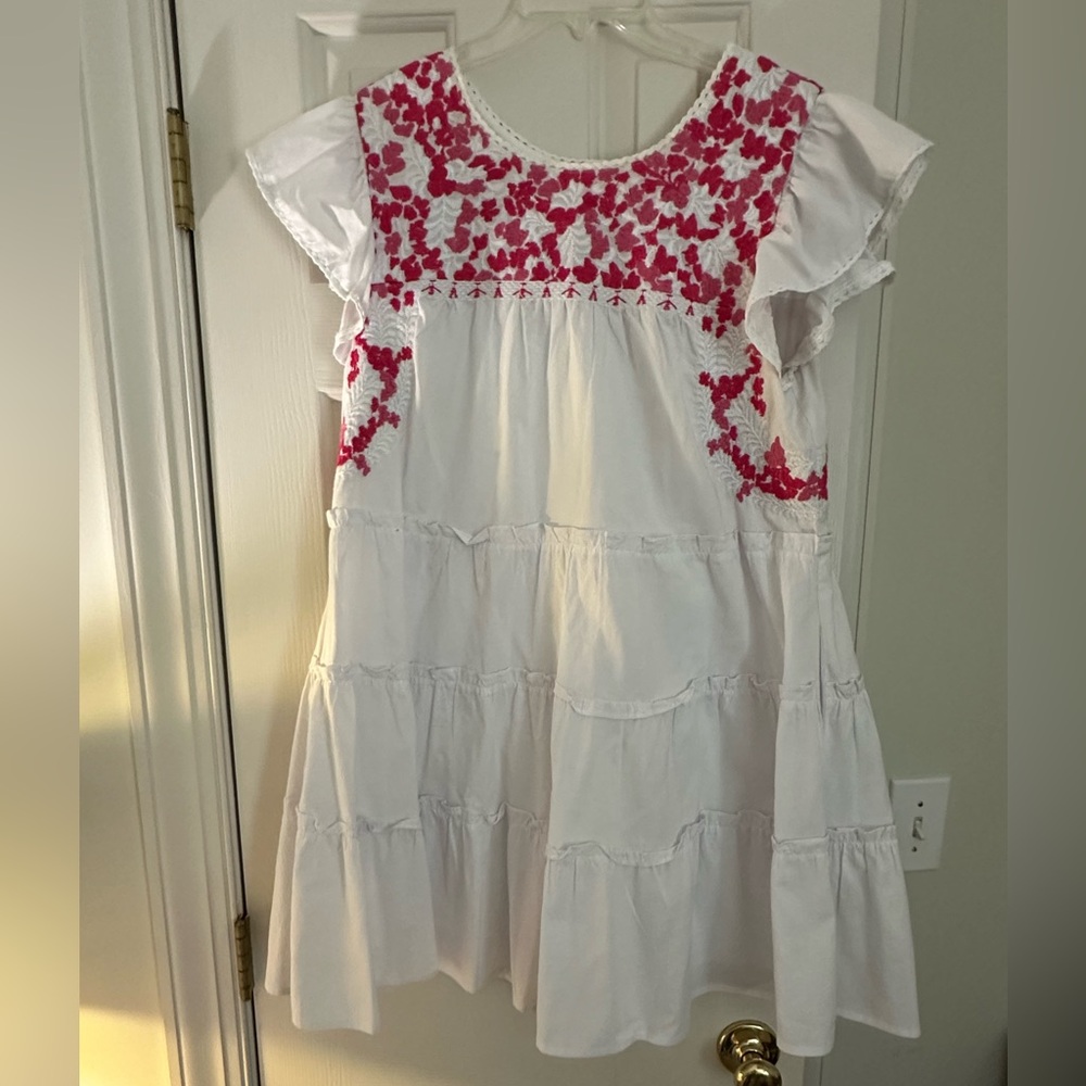 Elegant White and Pink Embroidered Mini Dress